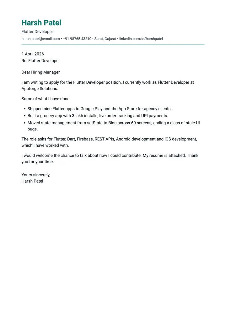 Sample Flutter Developer cover letter, one A4 page