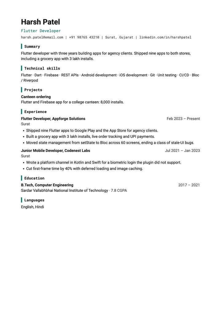 Sample Flutter Developer resume in the Technical template, one A4 page