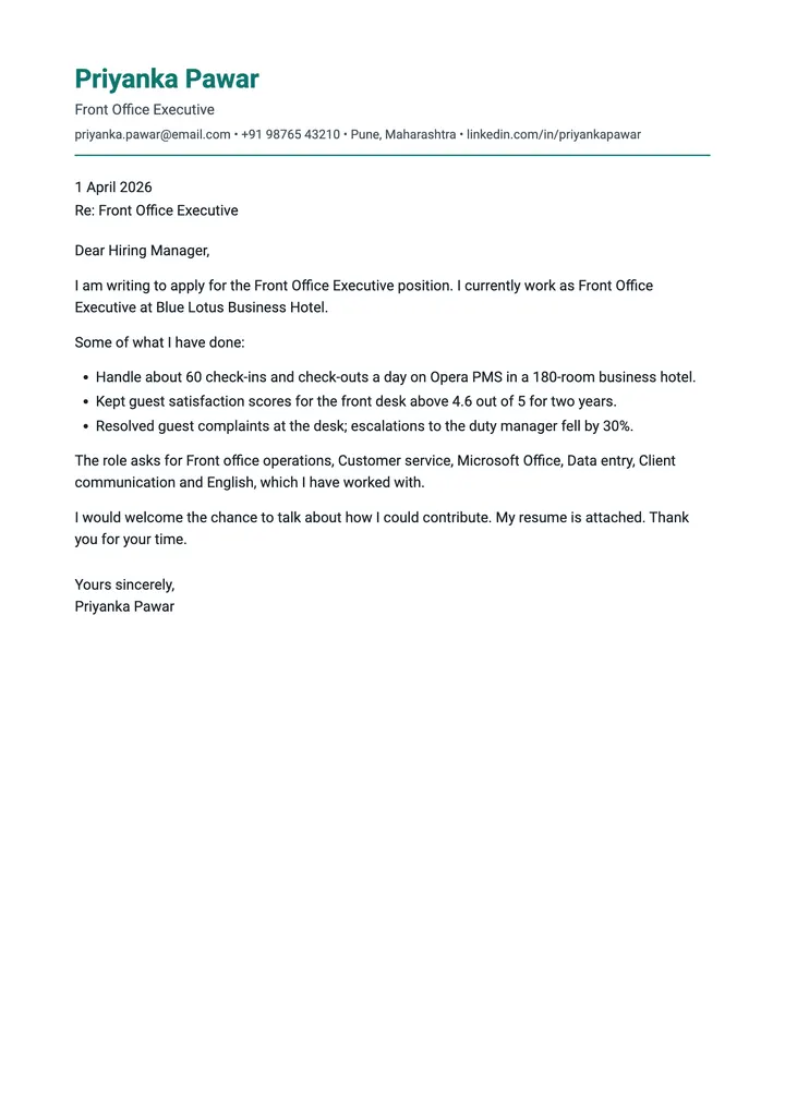 Sample Front Office Executive cover letter, one A4 page