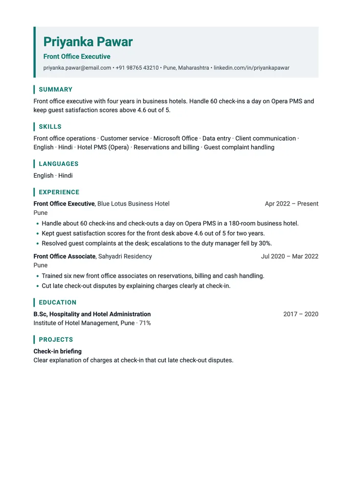Sample Front Office Executive resume in the Support template, one A4 page