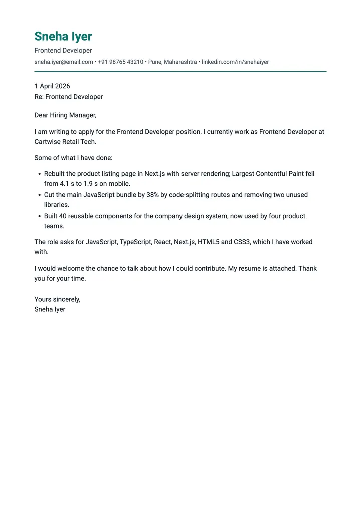 Sample Frontend Developer cover letter, one A4 page