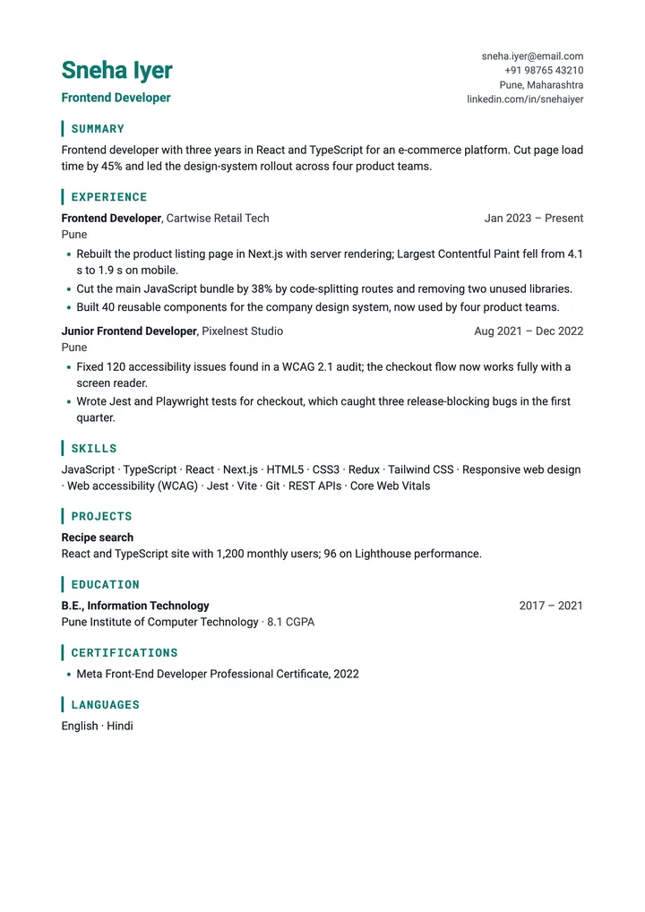 Sample Frontend Developer resume in the Stack template, one A4 page