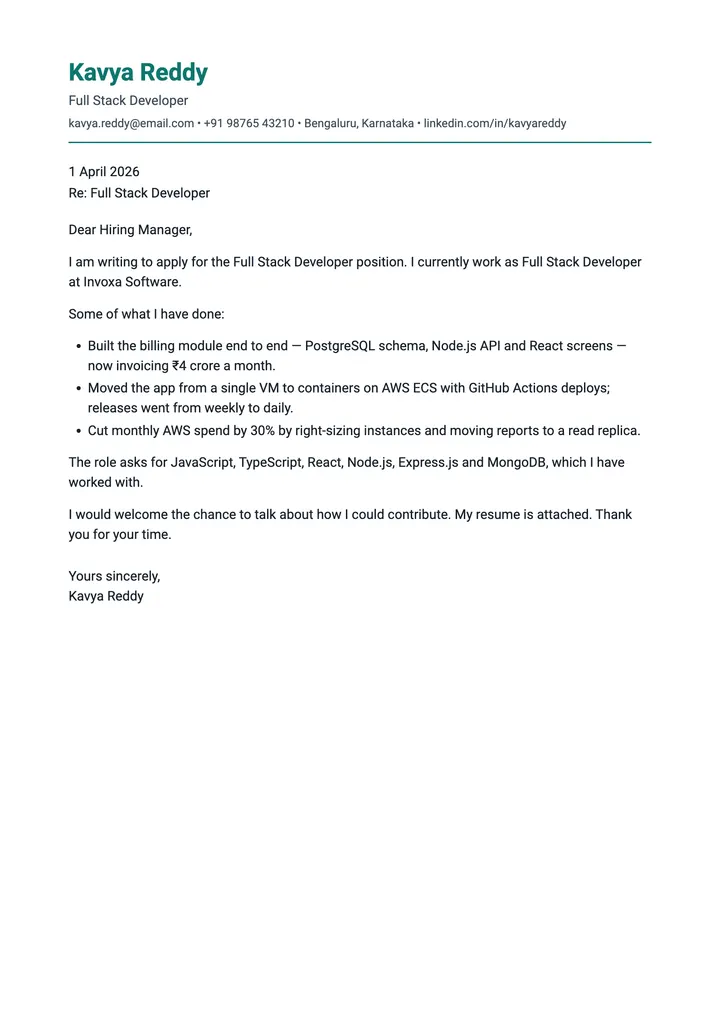 Sample Full Stack Developer cover letter, one A4 page