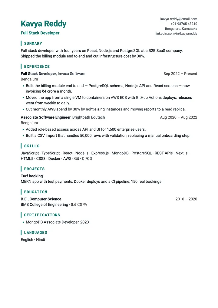 Sample Full Stack Developer resume in the Stack template, one A4 page