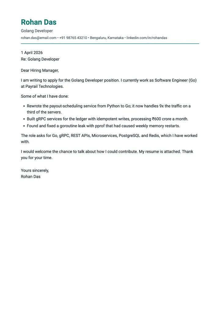 Sample Golang Developer cover letter, one A4 page