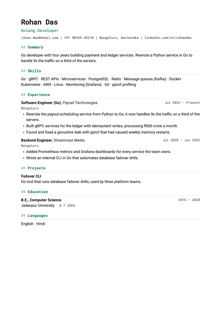 Sample Golang Developer resume in the Terminal template, one A4 page