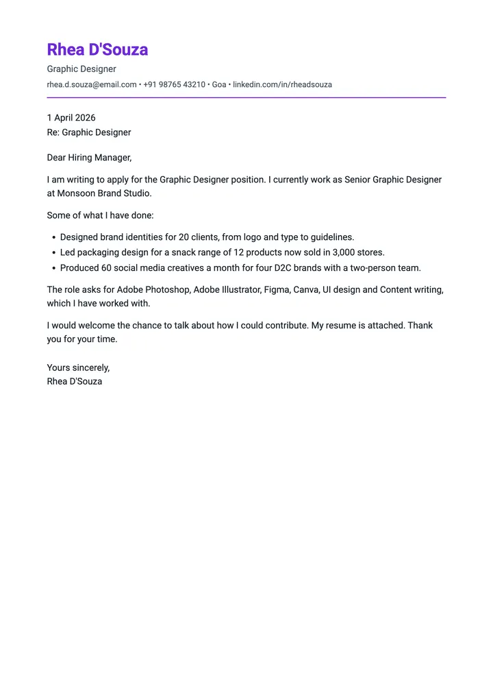 Sample Graphic Designer cover letter, one A4 page
