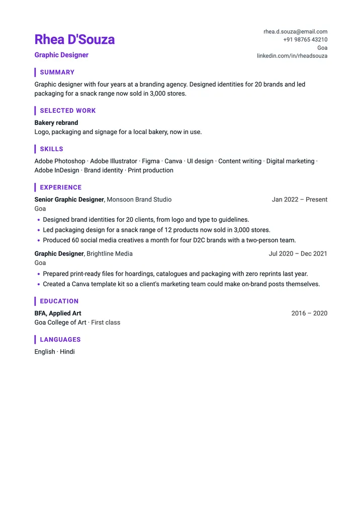 Sample Graphic Designer resume in the Portfolio template, one A4 page
