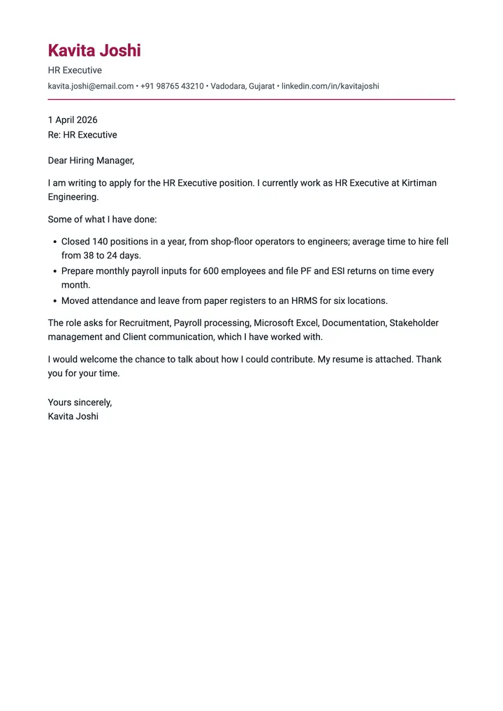 Sample HR Executive cover letter, one A4 page
