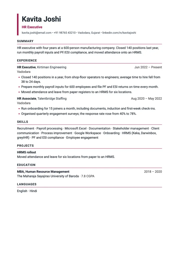 Sample HR Executive resume in the People template, one A4 page
