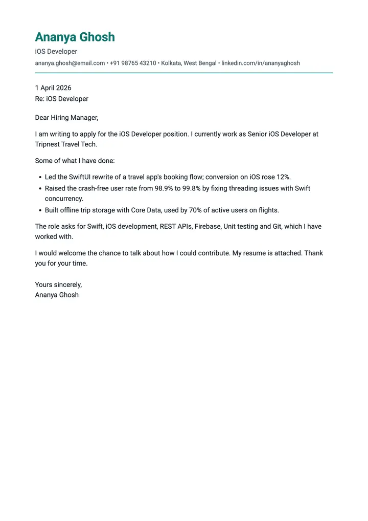 Sample iOS Developer cover letter, one A4 page