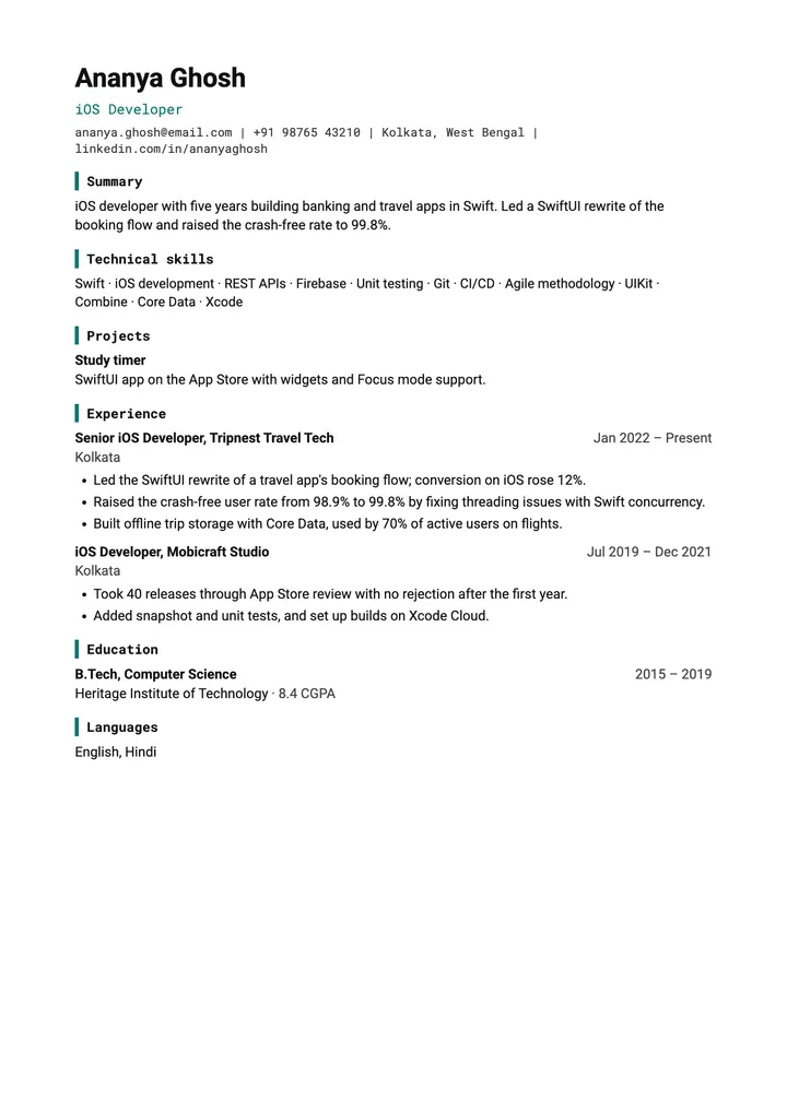 Sample iOS Developer resume in the Technical template, one A4 page