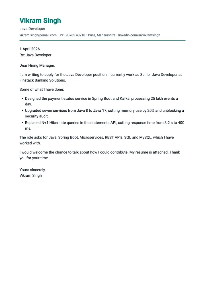 Sample Java Developer cover letter, one A4 page