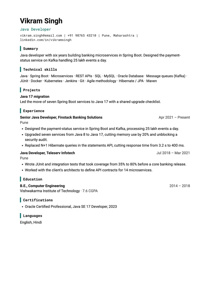 Sample Java Developer resume in the Technical template, one A4 page