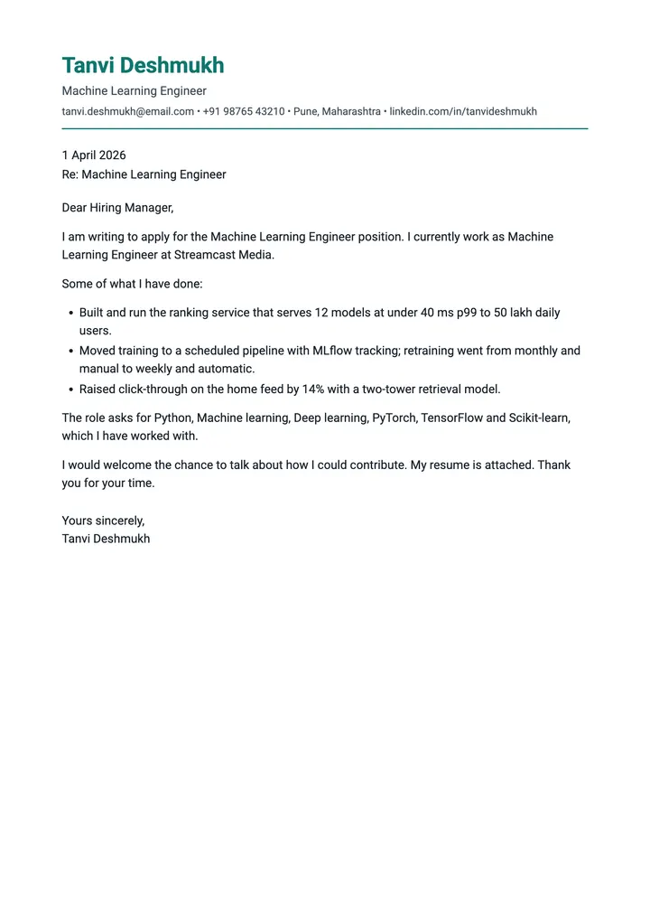 Sample Machine Learning Engineer cover letter, one A4 page