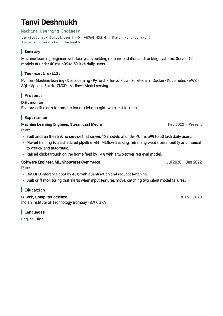 Sample Machine Learning Engineer resume in the Technical template, one A4 page
