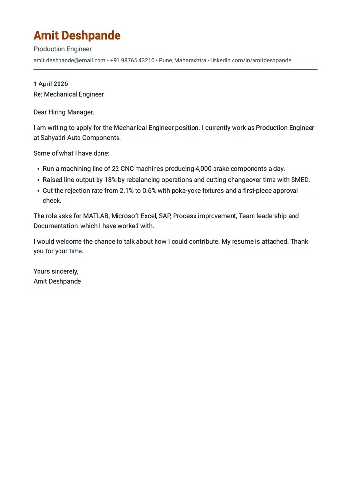 Sample Mechanical Engineer cover letter, one A4 page