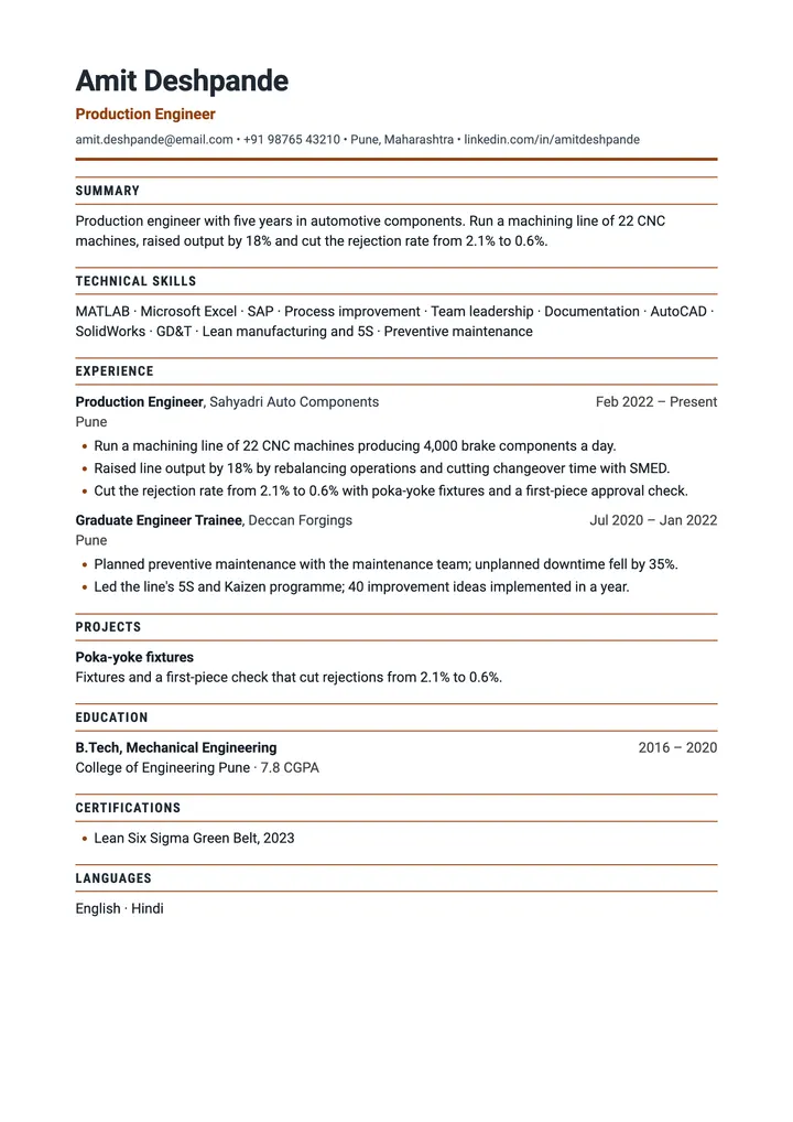 Sample Mechanical Engineer resume in the Core template, one A4 page