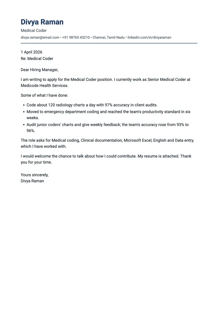 Sample Medical Coder cover letter, one A4 page