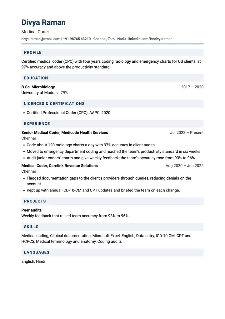 Sample Medical Coder resume in the Credentials template, one A4 page