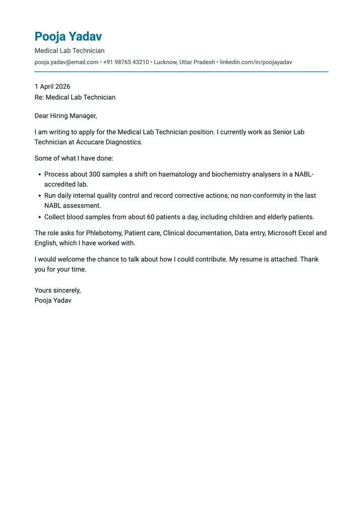 Sample Medical Lab Technician cover letter, one A4 page