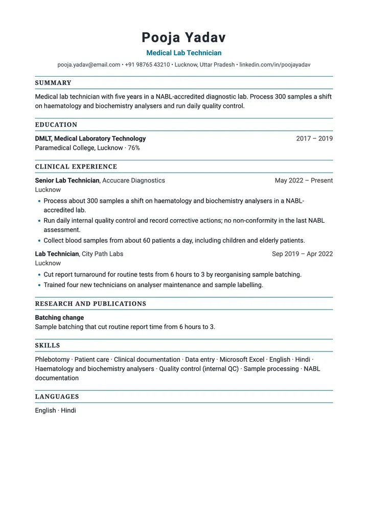Sample Medical Lab Technician resume in the Medical template, one A4 page