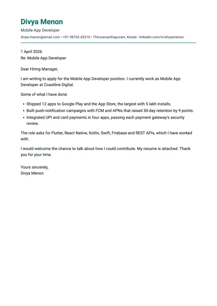 Sample Mobile App Developer cover letter, one A4 page