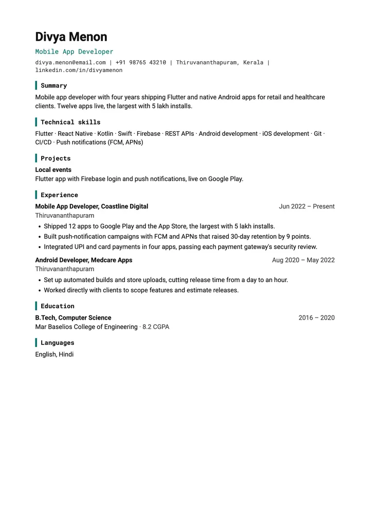 Sample Mobile App Developer resume in the Technical template, one A4 page