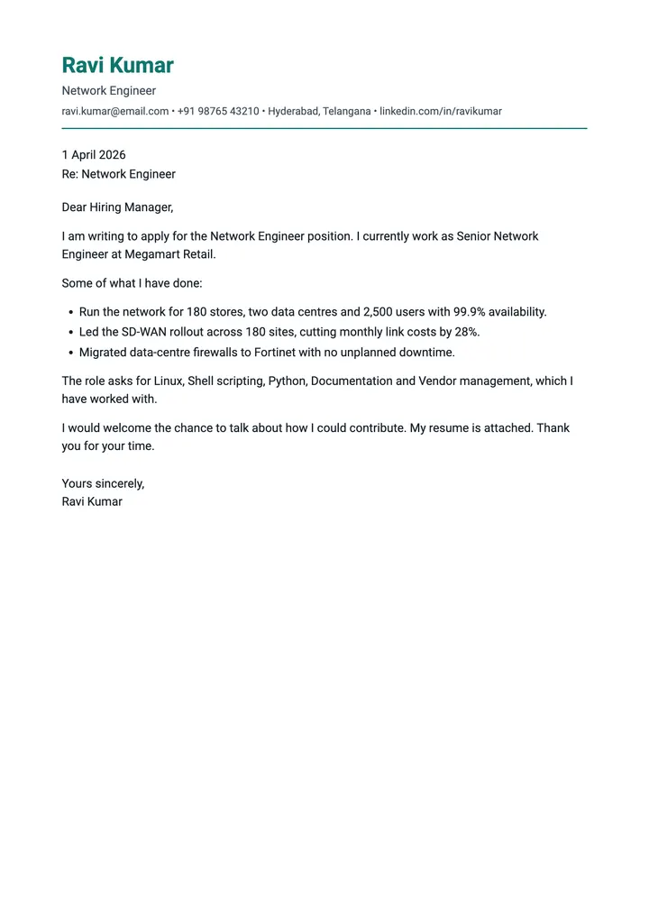 Sample Network Engineer cover letter, one A4 page