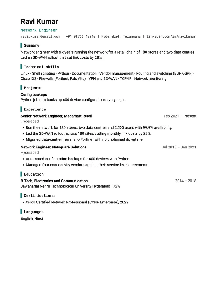 Sample Network Engineer resume in the Technical template, one A4 page