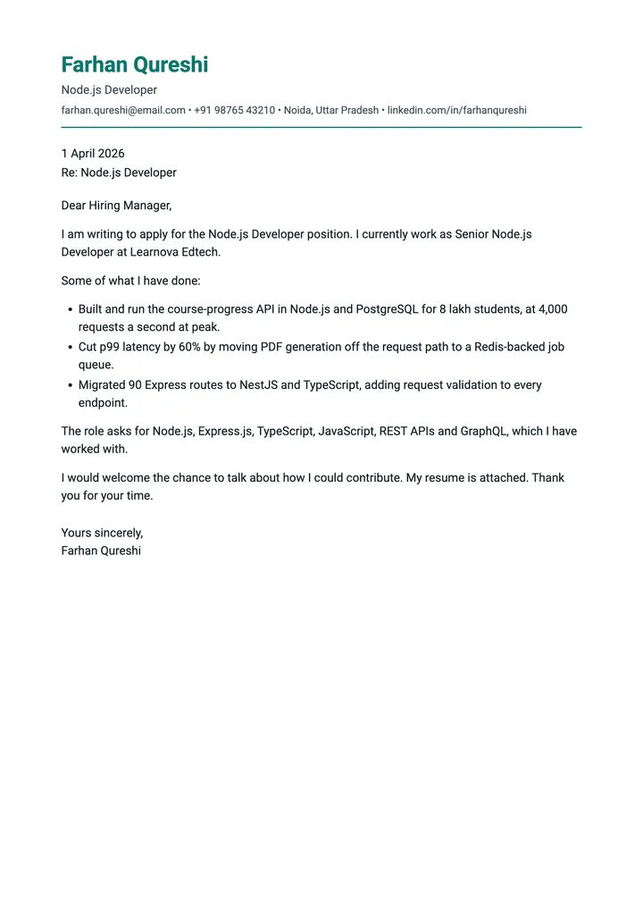 Sample Node.js Developer cover letter, one A4 page
