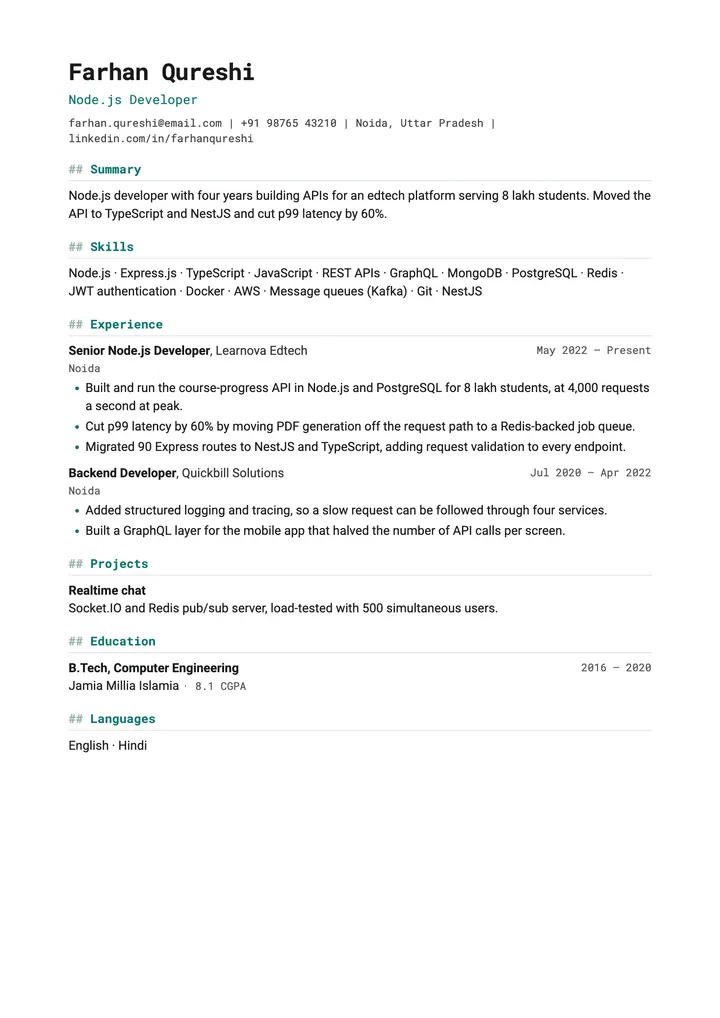 Sample Node.js Developer resume in the Terminal template, one A4 page