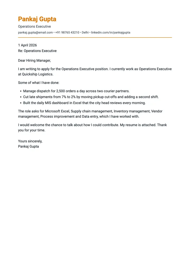 Sample Operations Executive cover letter, one A4 page