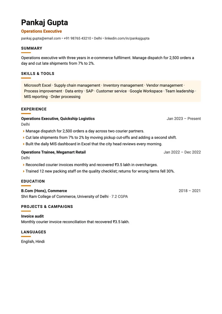 Sample Operations Executive resume in the Impact template, one A4 page