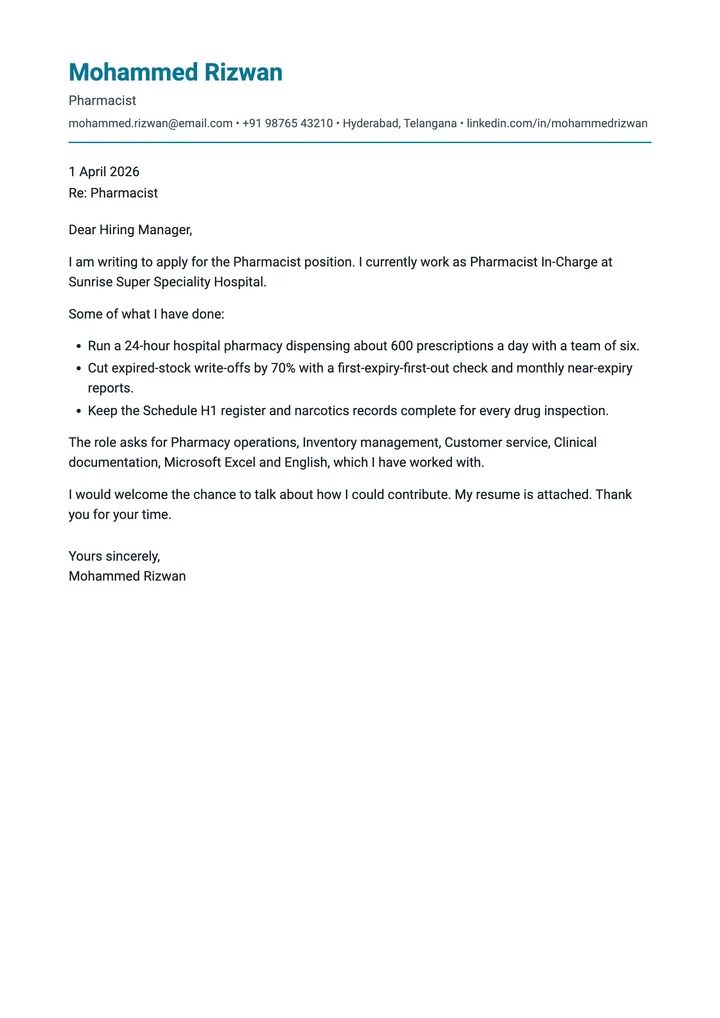 Sample Pharmacist cover letter, one A4 page