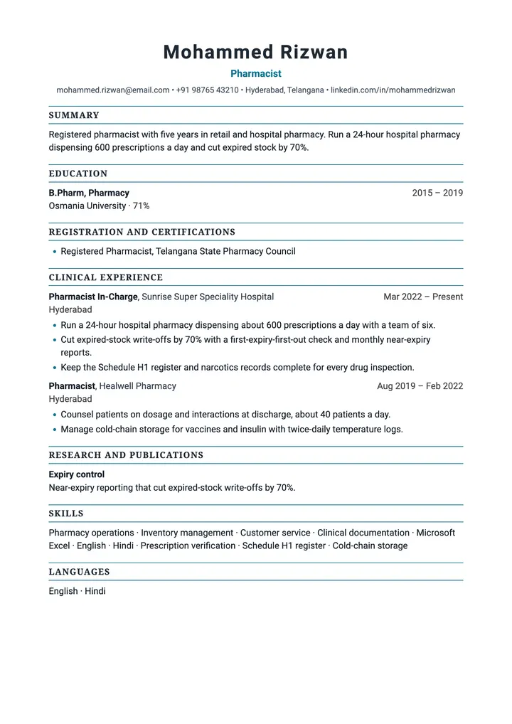 Sample Pharmacist resume in the Medical template, one A4 page