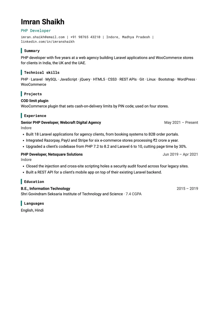 Sample PHP Developer resume in the Technical template, one A4 page