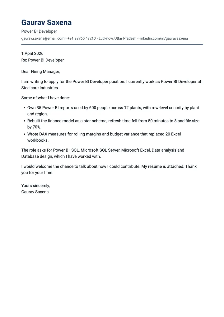 Sample Power BI Developer cover letter, one A4 page
