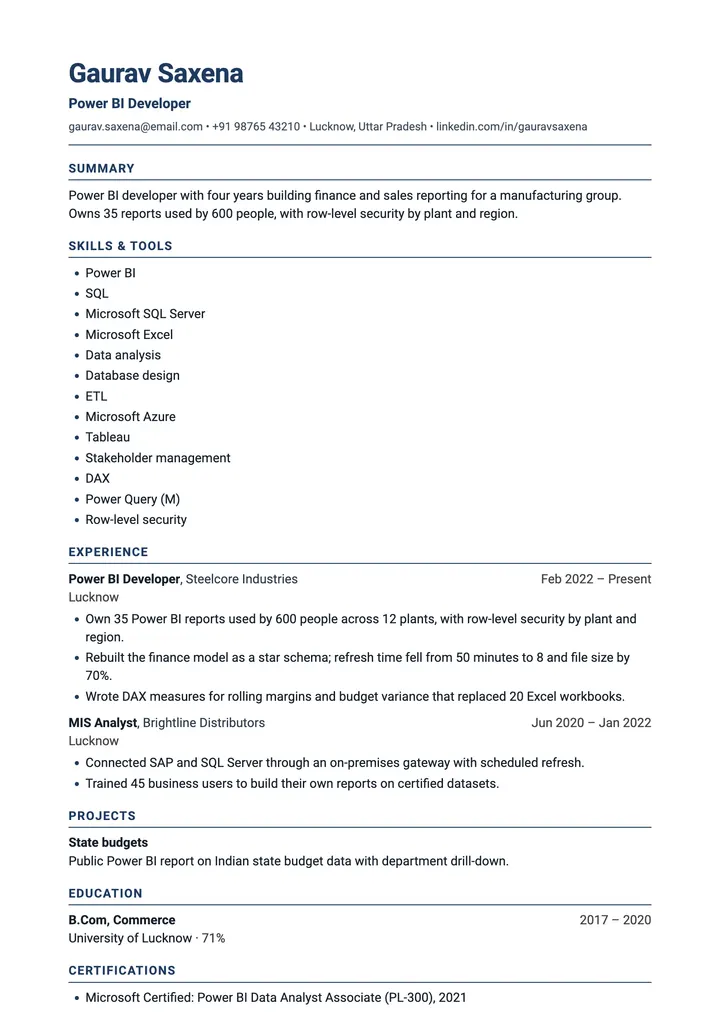 Sample Power BI Developer resume in the Analytics template, one A4 page