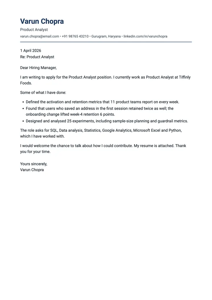 Sample Product Analyst cover letter, one A4 page