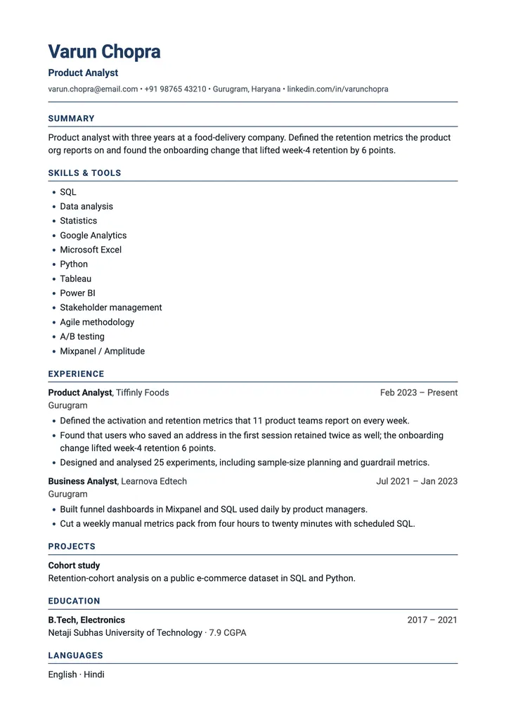 Sample Product Analyst resume in the Analytics template, one A4 page