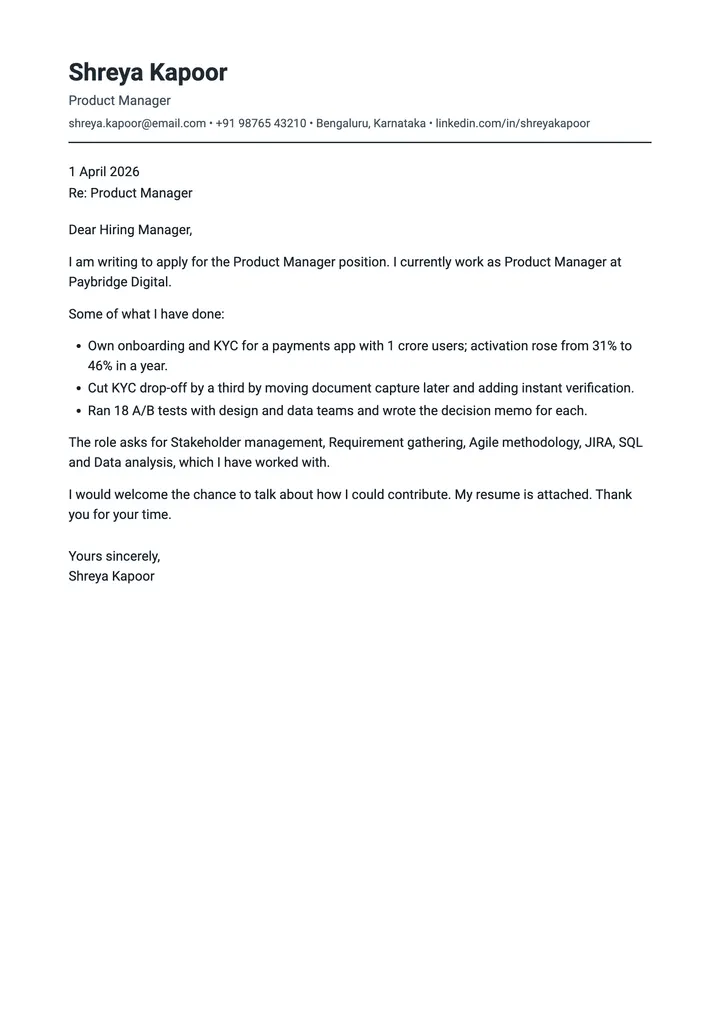 Sample Product Manager cover letter, one A4 page