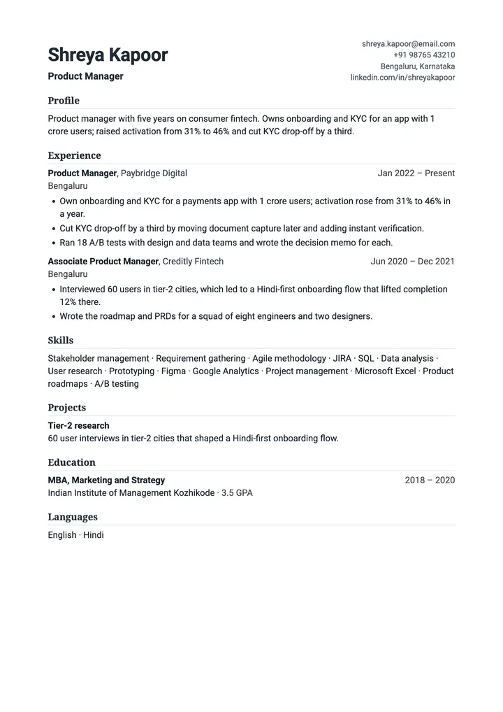 Sample Product Manager resume in the Consulting template, one A4 page
