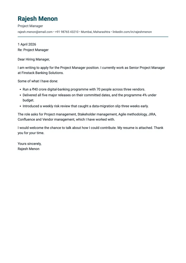 Sample Project Manager cover letter, one A4 page