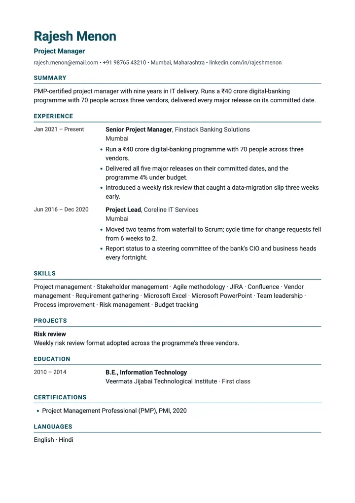 Sample Project Manager resume in the Dateline template, one A4 page