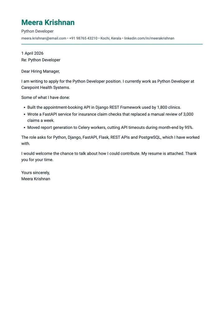 Sample Python Developer cover letter, one A4 page