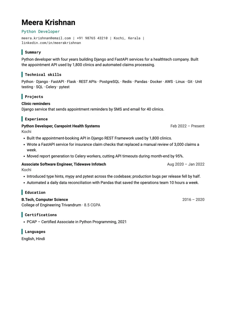 Sample Python Developer resume in the Technical template, one A4 page