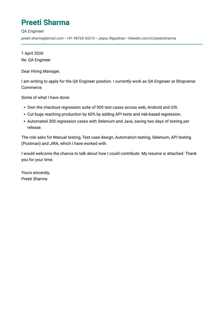 Sample QA Engineer cover letter, one A4 page