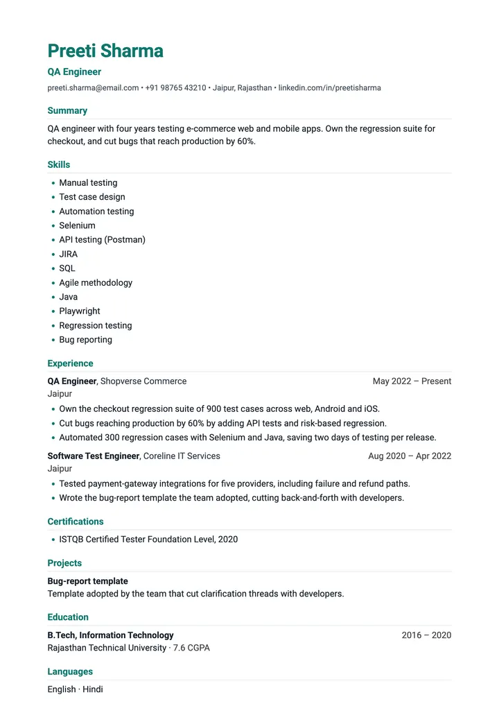 Sample QA Engineer resume in the Quality template, one A4 page