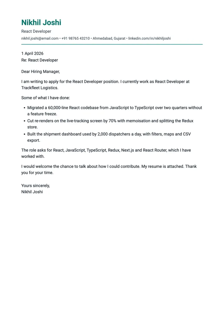 Sample React Developer cover letter, one A4 page